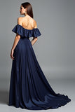 Beaded Navy Off The Shoulder A Line Long Formal Dress
