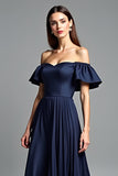 Beaded Navy Off The Shoulder A Line Long Formal Dress