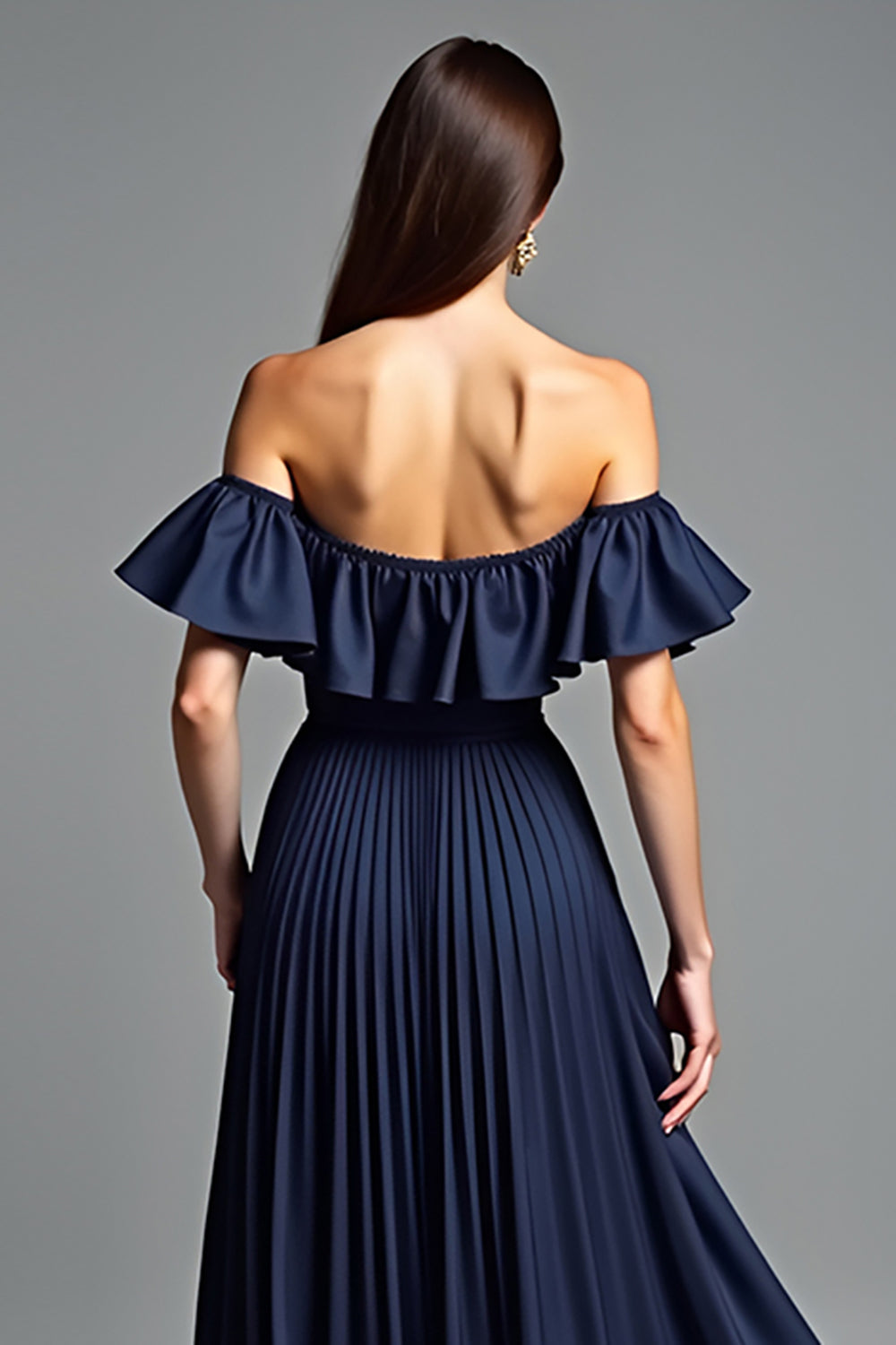 Beaded Navy Off The Shoulder A Line Long Formal Dress