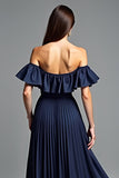 Beaded Navy Off The Shoulder A Line Long Formal Dress