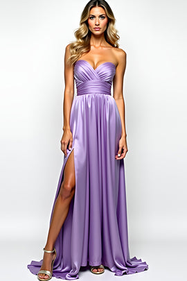 Ruched Purple Strapless Long Prom Dress with Slit