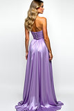 Ruched Purple Strapless Long Prom Dress with Slit