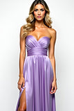 Ruched Purple Strapless Long Prom Dress with Slit