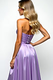 Ruched Purple Strapless Long Prom Dress with Slit