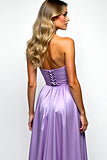 Ruched Purple Strapless Long Prom Dress with Slit