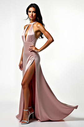 Blush Halter Neck Backless Long Prom Dress with Slit