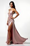 Blush Halter Neck Backless Long Prom Dress with Slit