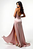 Blush Halter Neck Backless Long Prom Dress with Slit