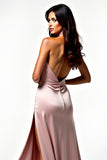 Blush Halter Neck Backless Long Prom Dress with Slit