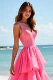 A Line Hot Pink Beaded Tiered Long Prom Dress