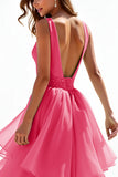 A Line Hot Pink Beaded Tiered Long Prom Dress