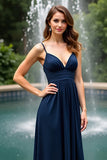 Navy A Line Long Chiffon Spaghetti Straps Wedding Guest Dress