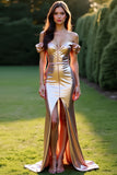 Off the Shoulder Rose Golden Sheath Long Prom Dress with Slit