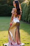 Off the Shoulder Rose Golden Sheath Long Prom Dress with Slit