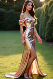 Off the Shoulder Rose Golden Sheath Long Prom Dress with Slit