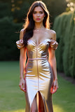 Off the Shoulder Rose Golden Sheath Long Prom Dress with Slit