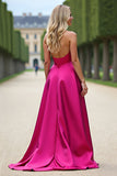 Fuchsia A Line Strapless Long Prom Dress with Slit