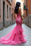 Sparkly Hot Pink Sheath Long Prom Dress with Slit