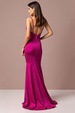 Fuchsia Deep V-Neck Sheath Long Prom Dress
