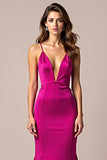 Fuchsia Deep V-Neck Sheath Long Prom Dress