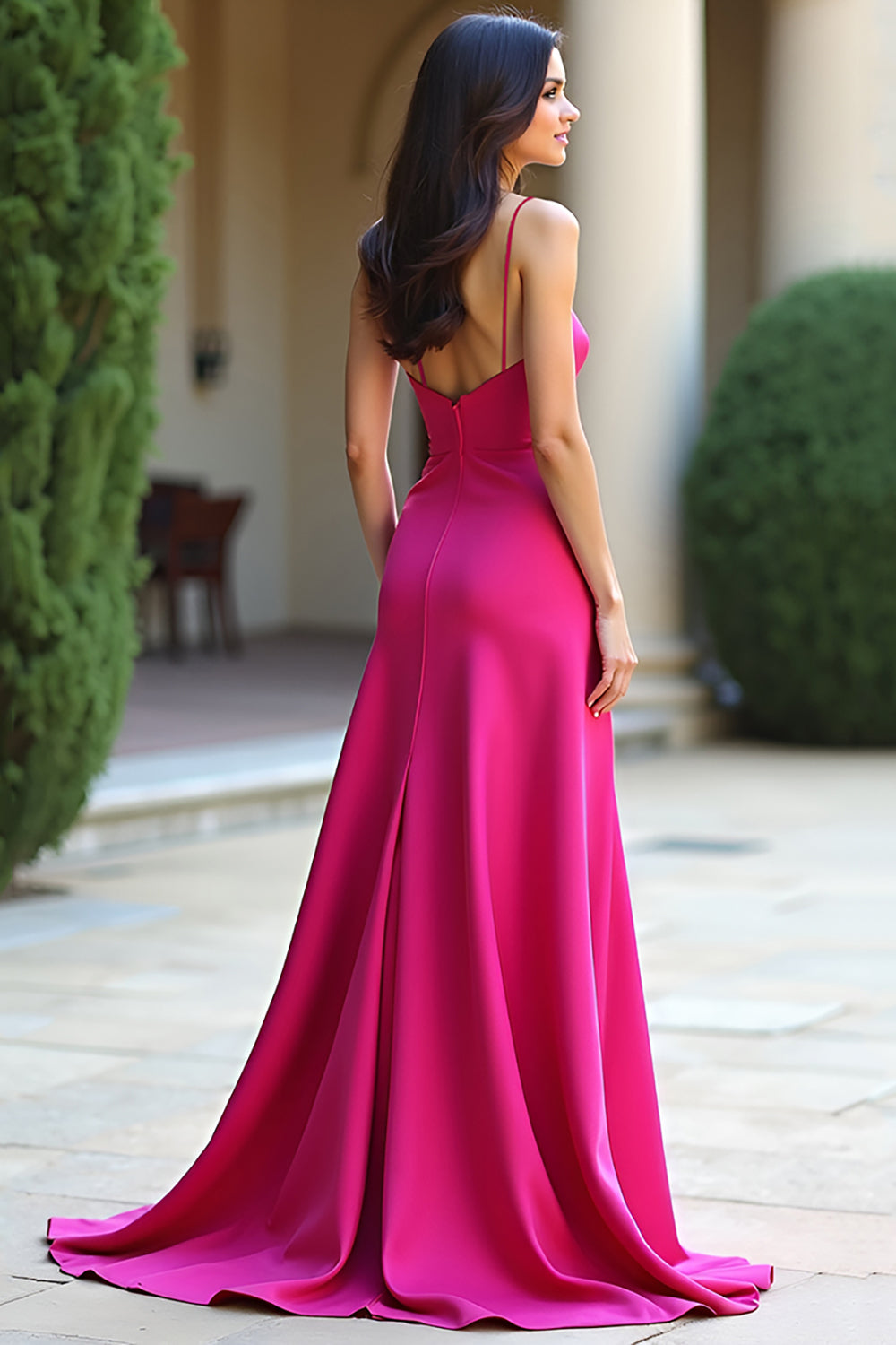 Spaghetti Straps Fuchsia Square Neck Long Prom Dress with Slit