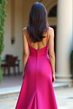 Spaghetti Straps Fuchsia Square Neck Long Prom Dress with Slit