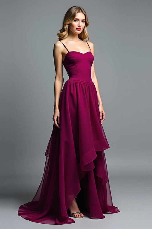 Ruffled Long Dark Purple A Line Chiffon Wedding Guest Dress