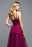 Ruffled Long Dark Purple A Line Chiffon Wedding Guest Dress