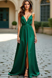 A Line Dark Green Backless Long Prom Dress with Slit