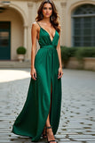 A Line Dark Green Backless Long Prom Dress with Slit