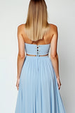 Blue Strapless Cut-Out Long Wedding Guest Dress with Slit