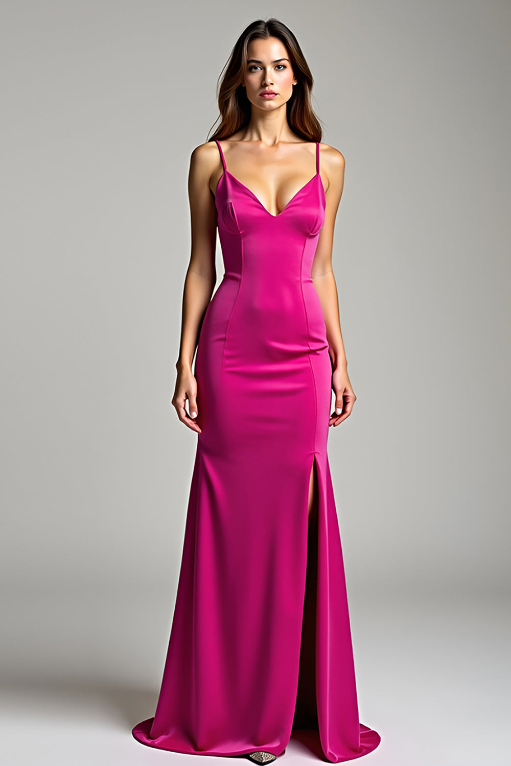 Satin Fuchsia Sheath Long Prom Dress with Slit
