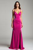 Satin Fuchsia Sheath Long Prom Dress with Slit