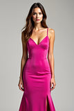 Satin Fuchsia Sheath Long Prom Dress with Slit