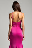 Satin Fuchsia Sheath Long Prom Dress with Slit