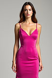 Satin Fuchsia Sheath Long Prom Dress with Slit