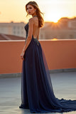 Beaded Embroidery Navy Halter Long Formal Dress
