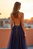 Beaded Embroidery Navy Halter Long Formal Dress