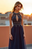 Beaded Embroidery Navy Halter Long Formal Dress