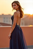 Beaded Embroidery Navy Halter Long Formal Dress