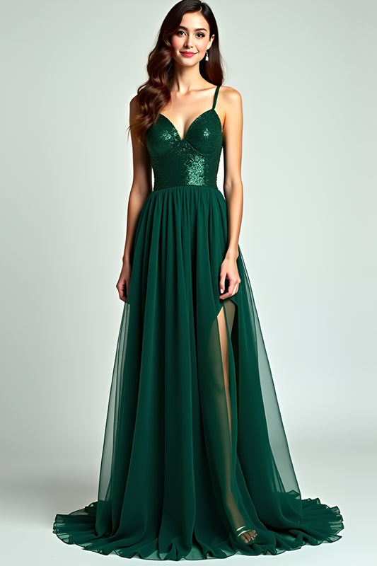 A Line Dark Green Spaghetti Straps Long Formal Dress with Slit