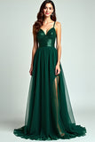 A Line Dark Green Spaghetti Straps Long Formal Dress with Slit