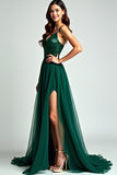 A Line Dark Green Spaghetti Straps Long Formal Dress with Slit