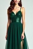 A Line Dark Green Spaghetti Straps Long Formal Dress with Slit