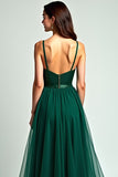 A Line Dark Green Spaghetti Straps Long Formal Dress with Slit