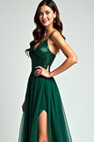 A Line Dark Green Spaghetti Straps Long Formal Dress with Slit