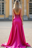 Sparkly Fuchsia Beaded A Line Long Prom Dress with Slit