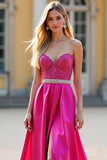 Sparkly Fuchsia Beaded A Line Long Prom Dress with Slit