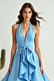 A Line Blue Halter Neck Asymmetrical High-Low Prom Dress with Ruffles