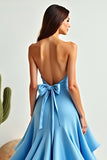 A Line Blue Halter Neck Asymmetrical High-Low Prom Dress with Ruffles